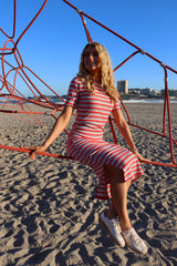 NATALIA-SS-DRESS - CREME ORANGE BLUE STRIPE