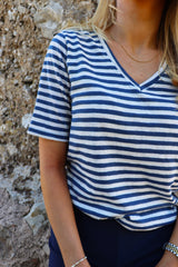 ULLA-SS-VNECK-STRIPE-TSHIRT - DENIM BLUE WHITE STRIPE