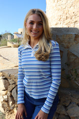 NATALIA-LS-POLO-BLOUSE - BLUE WHITE ROSE STRIPE