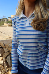 NATALIA-LS-POLO-BLOUSE - BLUE WHITE ROSE STRIPE