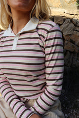 NATALIA-LS-POLO-BLOUSE - BROWN ROSE CREME STRIPE