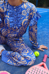 TIA-LS-FRILL BLOUSE - COBOLT BLUE MIX