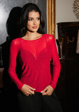 MESH LS SPARKLE TSHIRT - DARK RED DIAMOND DOT