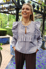 HEATHER-LS-TIE-BLOUSE - BROWN BLUE STRIPE