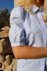 FLORA-SS-BLOUSE - BLUE STRIPE RED HEART