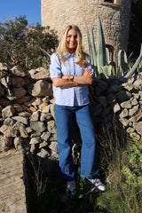 FLORA-SS-BLOUSE - BLUE STRIPE RED HEART