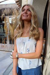 CAMILLA STRAP TOP - WHITE BLUE FLOWER