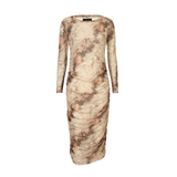 MESH LS LONG DRESS - BROWN GOLD MARBLE