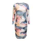MESH LS LONG DRESS - BLUE PEACH GOLD MARBLE