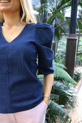 WINNIE ASTA VNECK BLOUSE - BLUE DENIM
