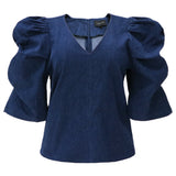 WINNIE ASTA VNECK BLOUSE - BLUE DENIM