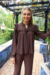 ANNI LS FRILL BLOUSE - BROWN MOCCA