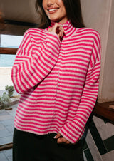 SARA LS ZIP CARDIGAN - PINK ROSE STRIPE
