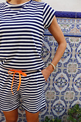 ALMA-U-TSHIRT - BLUE CREME STRIPE