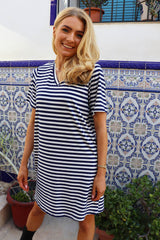 ALMA-VNECK-TSHIRT-DRESS - BLUE CREME STRIPE