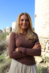 NATALIA LS ROUND NECK BLOUSE - BROWN