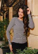 NATALIA LS ROUND NECK BLOUSE - NAVY GREY MEL. STRIPE