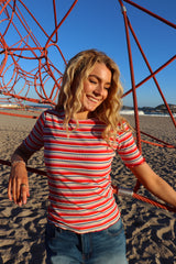 NATALIA-SS-BLOUSE - CREME ORANGE BLUE STRIPE