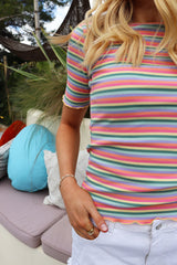 NATALIA-SS-BLOUSE - MULTI ORANGE PINK STRIPE
