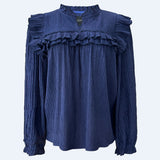 ANNI LS FRILL BLOUSE - NAVY
