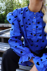 TIA-LS-FRILL BLOUSE - COBOLT BLUE BLACK HEART