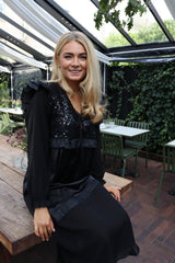 NOR LS FRILL DRESS - BLACK SEQUINS