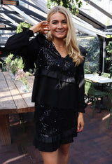 NOR LS FRILL BLOUSE - BLACK SEQUINS