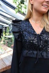 NOR LS FRILL BLOUSE - BLACK SEQUINS