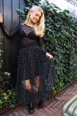 TULLE HEART SKIRT - BLACK SMALL SILVER HEARTS