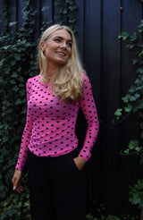 MESH LS TSHIRT - PINK BLACK FLOCK HEART