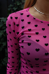MESH LS TSHIRT - PINK BLACK FLOCK HEART