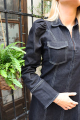 ASTA LS VNECK DRESS - BLACK DENIM