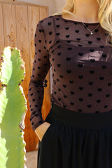 MESH LS TSHIRT - DARK BROWN BLACK FLOCK HEART