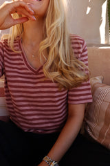 ULLA-SS-VNECK-STRIPE-TSHIRT - ROSE DARK ROSE STRIPE