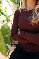 NATALIA LS ROUND NECK BLOUSE - DARK BROWN