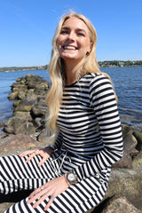 NATALIA LS ROUND NECK BLOUSE - BLACK CREME STRIPE