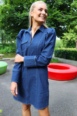 ASTA LS VNECK DRESS - BLUE DENIM