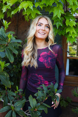 MESH LS TSHIRT - BLACK BORDEAUX FLOWER