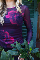 MESH LS TSHIRT - BLACK BORDEAUX FLOWER