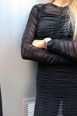 MESH-LS-WRINKLE-DRESS - BLACK