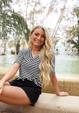 ULLA-SS-VNECK-STRIPE-TSHIRT - BLACK WHITE STRIPE