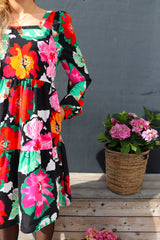 CECILIE LS DRESS - BLACK BIG FLOWERS