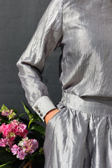 SILVIA LS TIE BLOUSE - SILVER GRAY