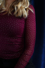 MESH LS SPARKLE TSHIRT - BORDEAUX DIAMOND DOT