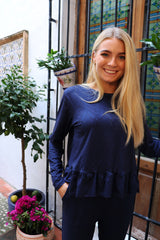 ALMA LS FRILL T-SHIRT - NAVY LALA