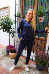 ALMA LS FRILL T-SHIRT - NAVY LALA