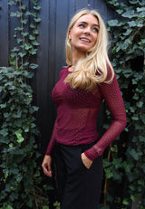 MESH LS SPARKLE TSHIRT - BORDEAUX DIAMOND DOT