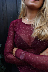 MESH LS SPARKLE TSHIRT - BORDEAUX DIAMOND DOT