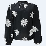 MEG LS VNECK BLOUSE - BLACK CREME LEAF