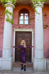 MESH LS LONG DRESS - BLACK BORDEAUX FLOWER